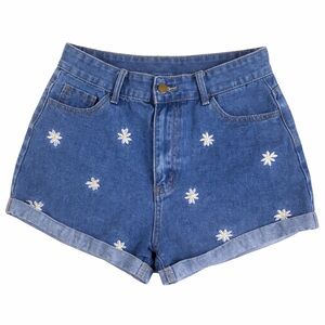 Embroidered Flowers Blue Denim Shorts
